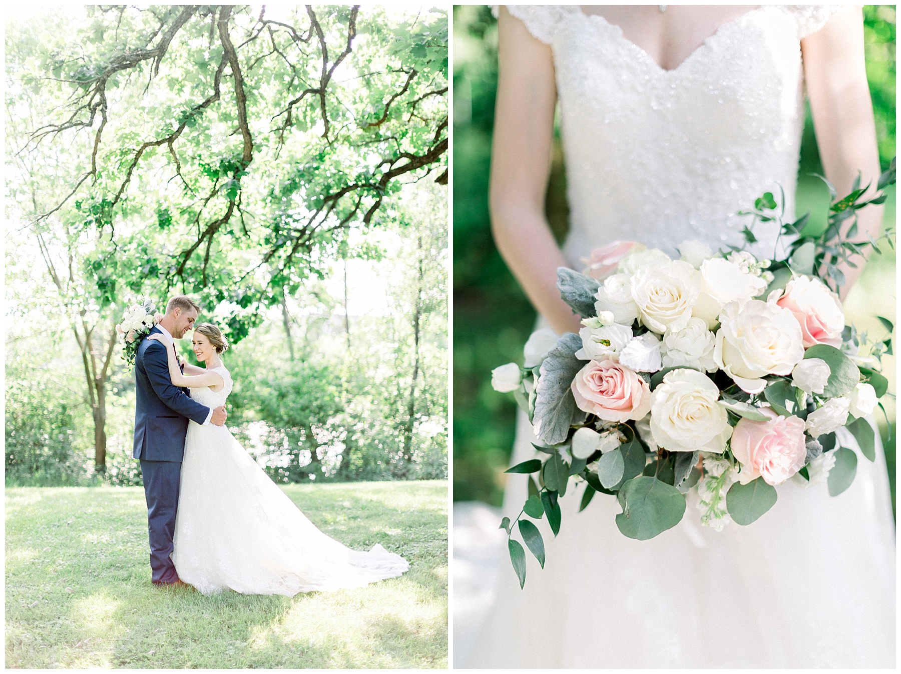 bride and groom portraits and bridal bouquet white and blush