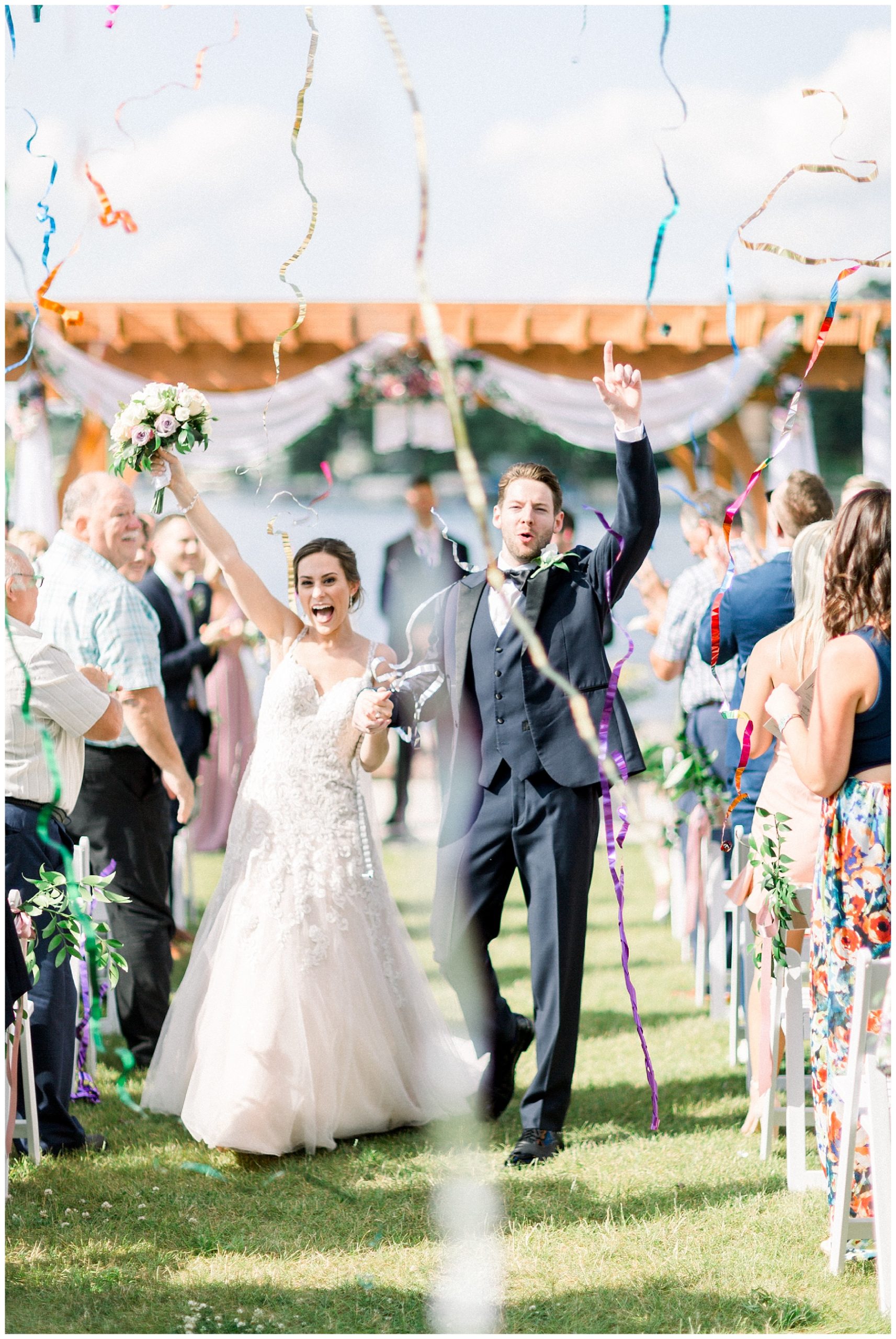 bride and groom streamers