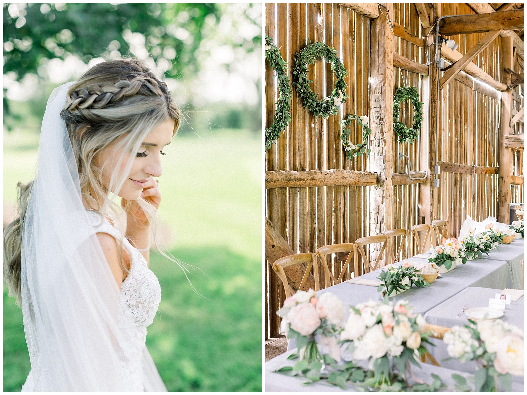 barn wedding table decor wreaths and flower centerpieces