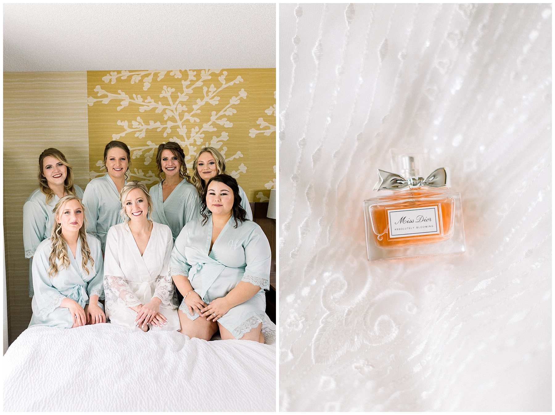 bride with bridesmaids in robes getting ready and perfume bottle