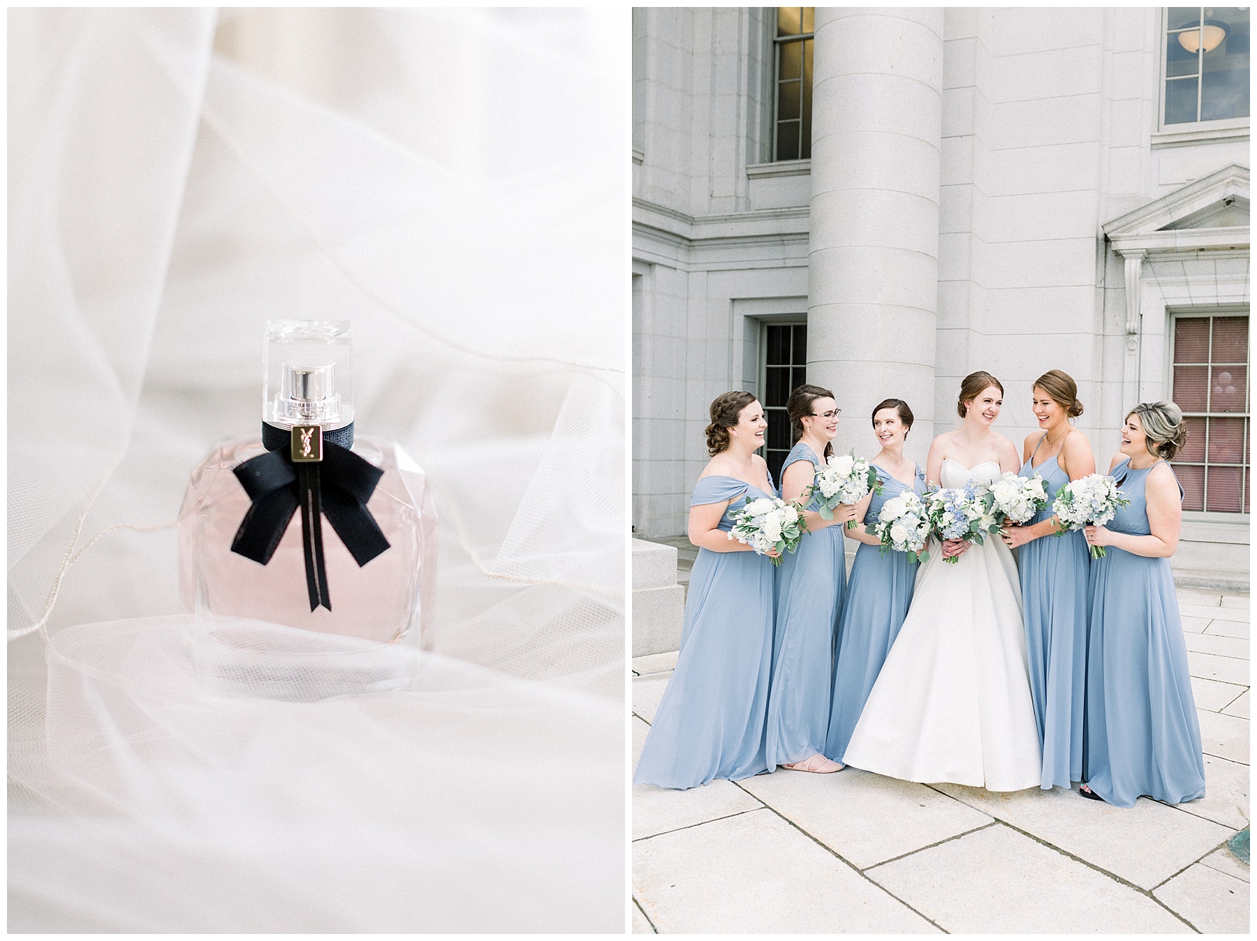 long light blue bridesmaid dresses and perfume bottle