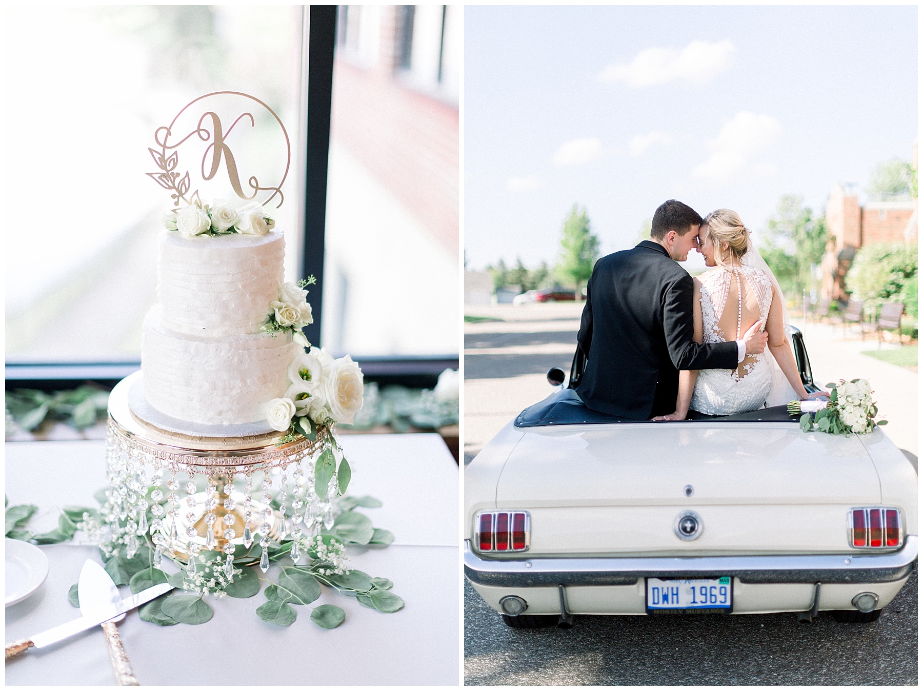 bride and groom portraits on ford mustang convertible