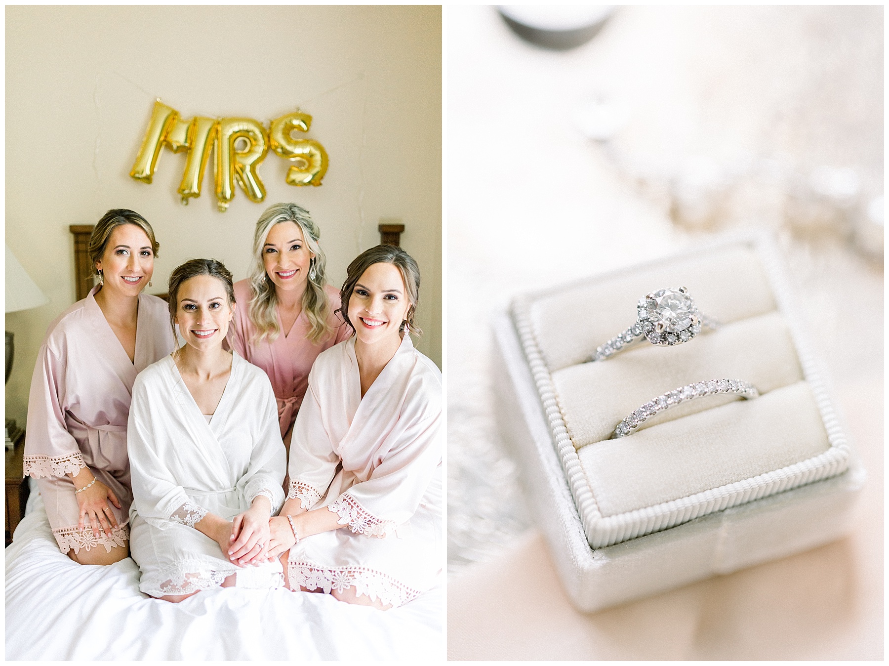 bridesmaids getting ready on bed in robes with rings
