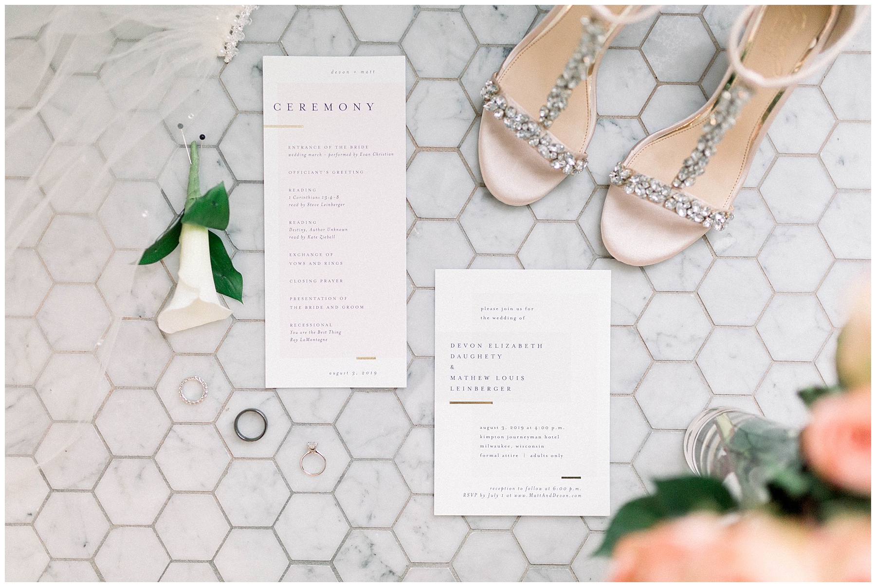 wedding invitation, boutonniere, rings, and shoes