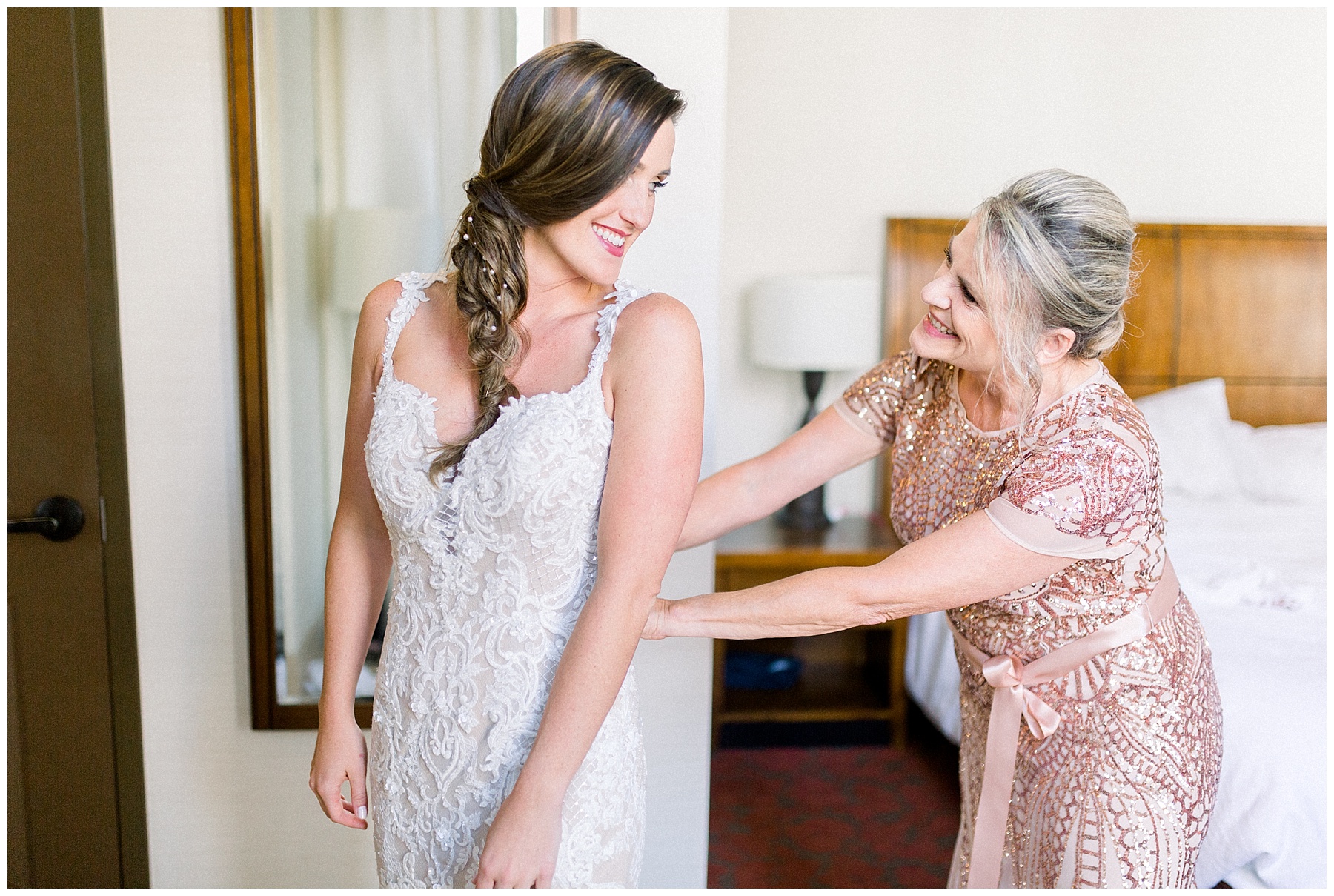 getting ready boho bridal gown bride with mom