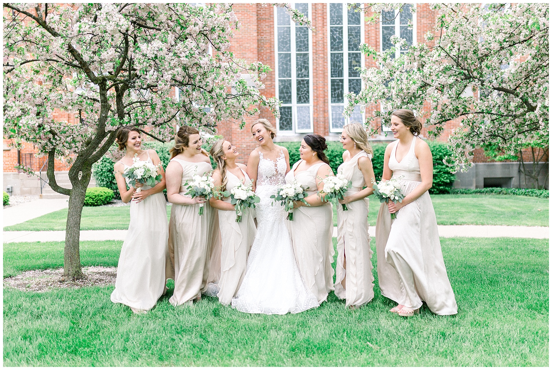 bridesmaids in long champagne vera wang dresses
